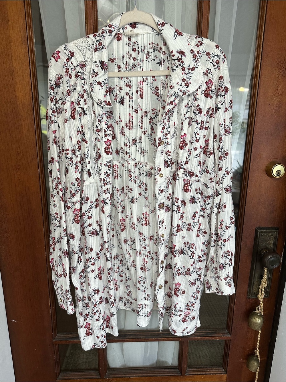 Oversized Pilcro White Button-Down Blouse with Red Floral Print Raw Edges